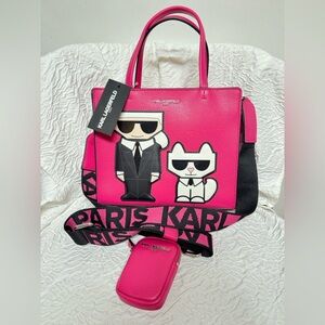 Karl Lagerfeld Pink Tote Bag with Cartoon Design